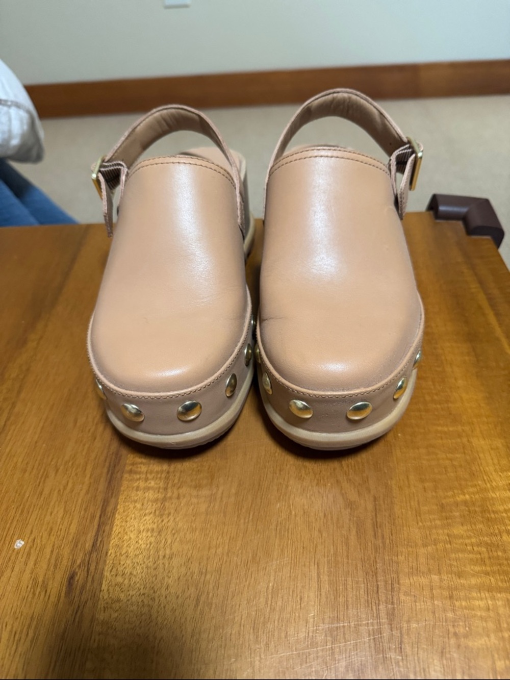 Sorel Beige Leather Clog Sandal with Gold Studs - Picture 2 of 4